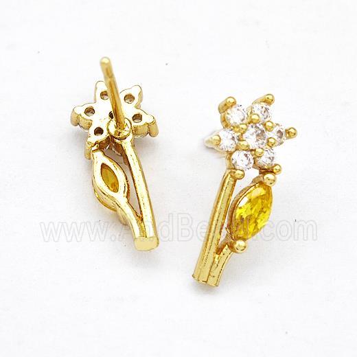 Copper Flower Stud Earrings Pave Zircon Gold Plated