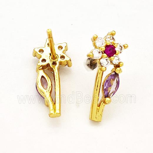 Copper Flower Stud Earrings Pave Zircon Gold Plated
