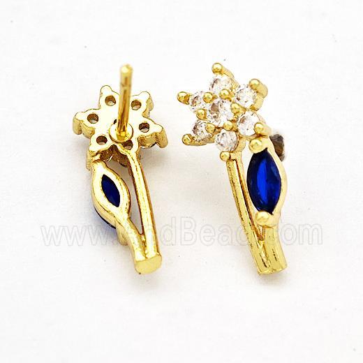 Copper Flower Stud Earrings Pave Zircon Gold Plated