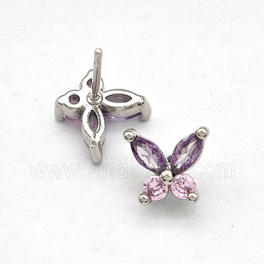 Copper Butterfly Stud Earrings Pave Zirconia Platinum Plated