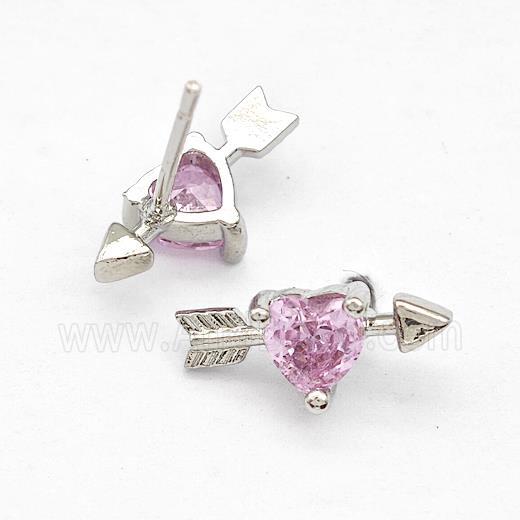 Copper Stud Earrings Pave Pink Zircon Cupids Arrow Heart Platinum Plated