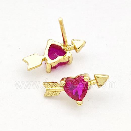 Copper Stud Earrings Pave Fuchsia Zircon Cupids Arrow Heart Gold Plated