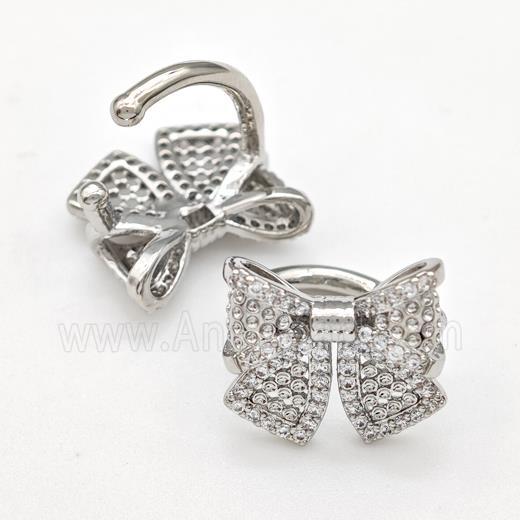 Copper Bow Clip Earrings Pave Zirconia Platinum Plated