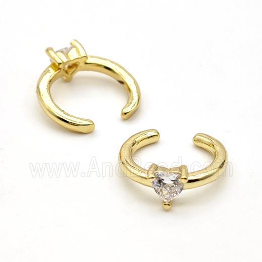 Copper Clip Earrings Pave Crystal Glass Heart Gold Plated