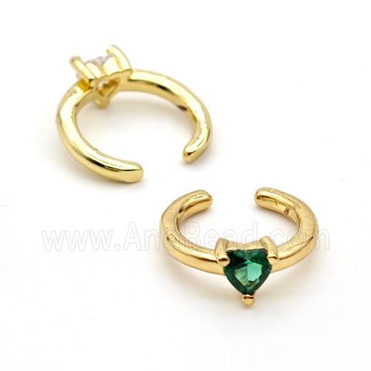 Copper Clip Earrings Pave Green Crystal Glass Heart Gold Plated