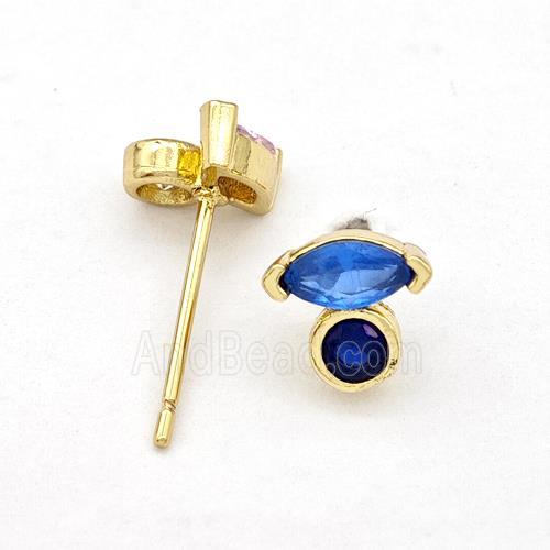 Copper Stud Earrings Pave Blue Zirconia Eye Gold Plated