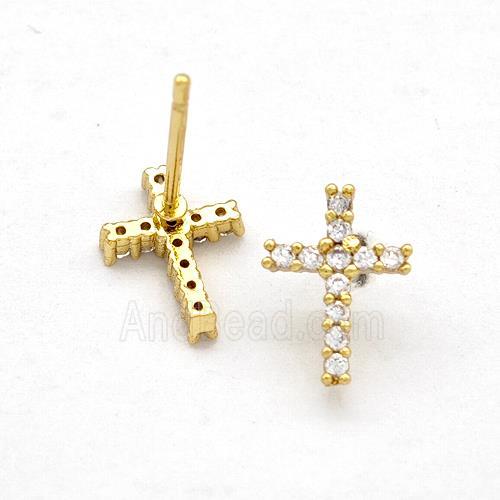 Copper Cross Stud Earrings Pave Zirconia Gold Plated
