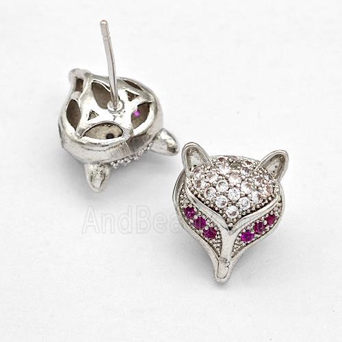 Copper Stud Earrings Pave Zirconia Fox Platinum Plated