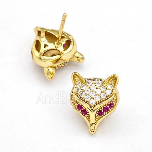 Copper Stud Earrings Pave Zirconia Fox Gold Plated