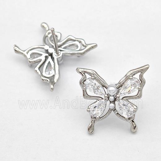 Copper Butterfly Stud Earrings Pave Zircon Platinum Plated