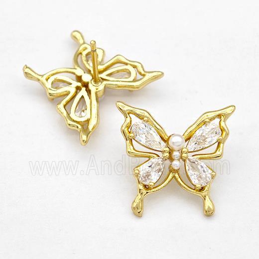 Copper Butterfly Stud Earrings Pave Zircon Gold Plated