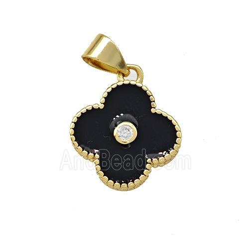 Copper Clover Pendant Pave Zirconia Black Enamel Gold Plated