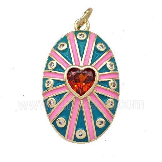 Copper Oval Pendant Pave Red Zirconia Heart Teal Enamel Gold Plated