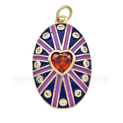 Copper Oval Pendant Pave Red Zirconia Heart Blue Enamel Gold Plated