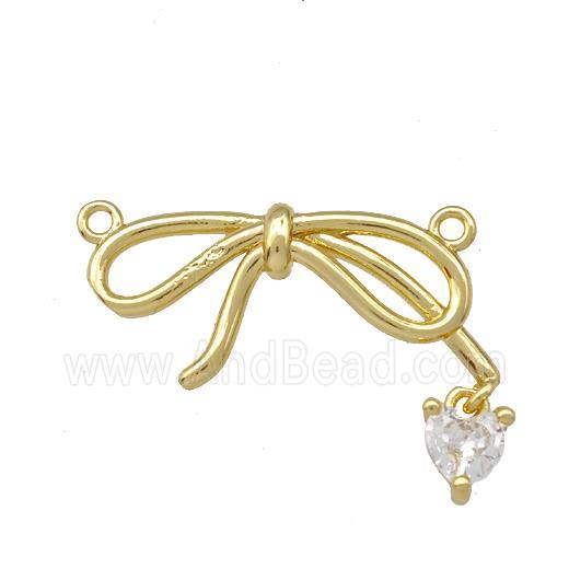 Copper Bow Pendant Pave Zirconia Heart 2loops Gold Plated