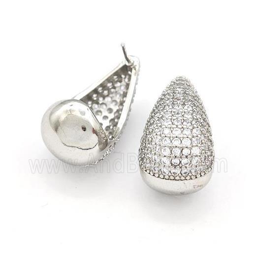 Copper Teardrop Stud Earrings Micro Pave Zirconia Platinum Plated