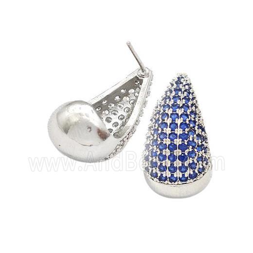 Copper Teardrop Stud Earrings Micro Pave Blue Zirconia Platinum Plated