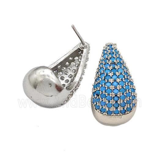 Copper Teardrop Stud Earrings Micro Pave Turqblue Zirconia Platinum Plated