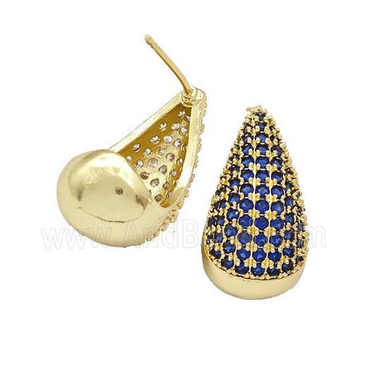 Copper Teardrop Stud Earrings Micro Pave Blue Zirconia Gold Plated
