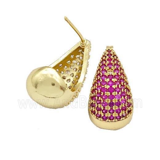 Copper Teardrop Stud Earrings Micro Pave Fuchsia Zirconia Gold Plated