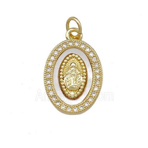 Virgin Mary Charms Copper Oval Pendant Pave Shell Zirconia 18K Gold Plated