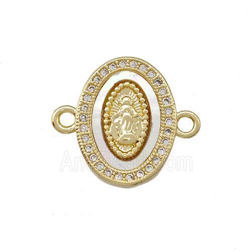 Virgin Mary Charms Copper Oval Connector Pave Shell Zirconia 18K Gold Plated