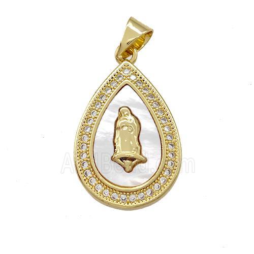 Jesus Charms Copper Teardrop Pendant Pave Shell Zirconia 18K Gold Plated