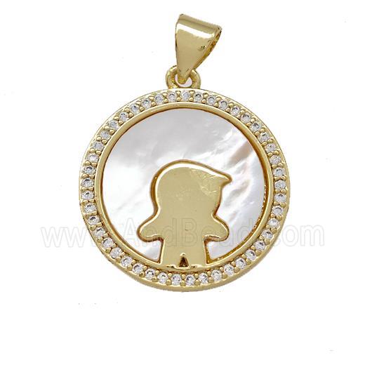 Kids Boy Charms Copper Circle Pendant Pave Shell Zirconia 18K Gold Plated