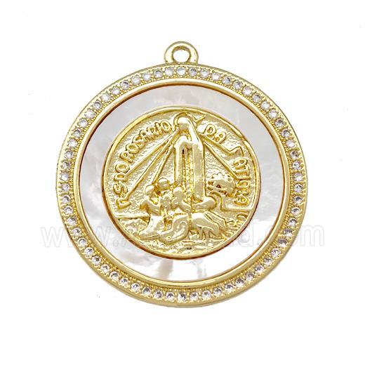 Jesus Charms Copper Circle Pendant Pave Shell Zirconia 18K Gold Plated