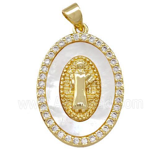 Jesus Charms Copper Oval Pendant Pave Shell Zirconia 18K Gold Plated