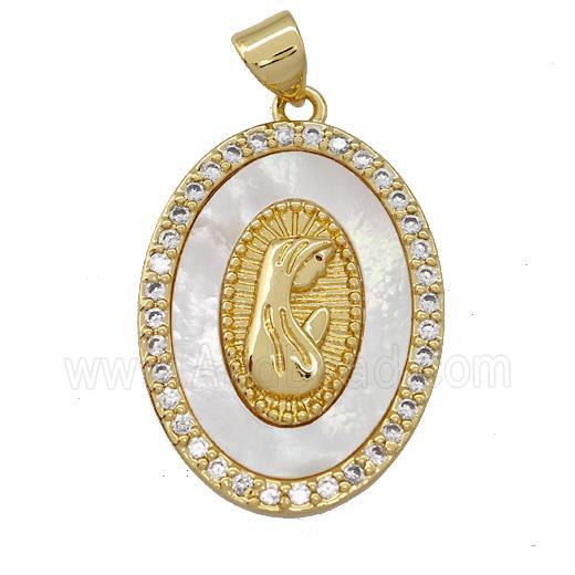 Virgin Mary Charms Copper Oval Pendant Pave Shell Zirconia Prayer 18K Gold Plated