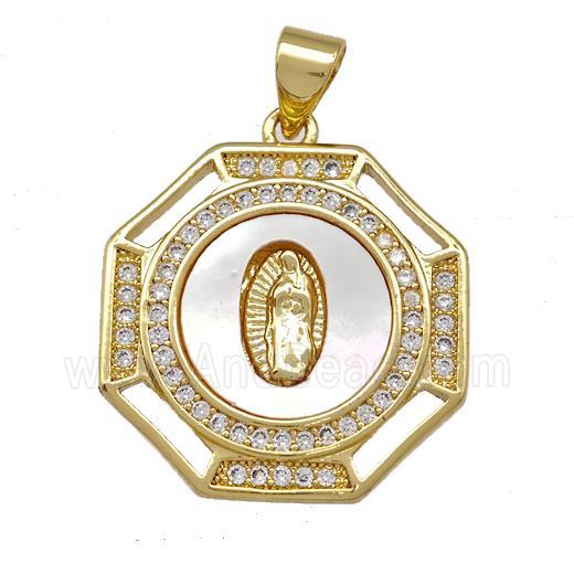 Jesus Charms Copper Octangle Pendant Pave Shell Zirconia 18K Gold Plated