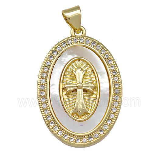Copper Oval Pendant Pave Shell Zirconia Cross 18K Gold Plated