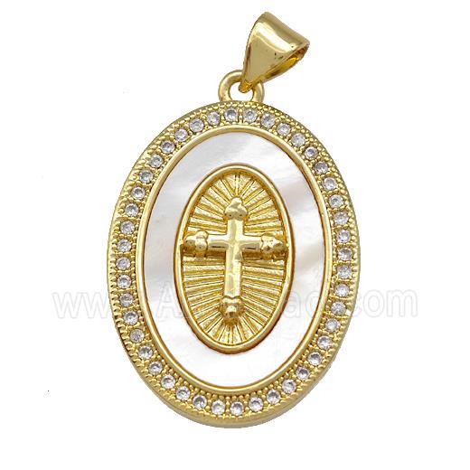 Copper Oval Pendant Pave Shell Zirconia Cross 18K Gold Plated