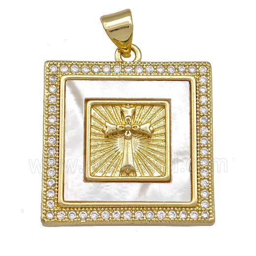 Copper Square Pendant Pave Shell Zirconia Cross 18K Gold Plated
