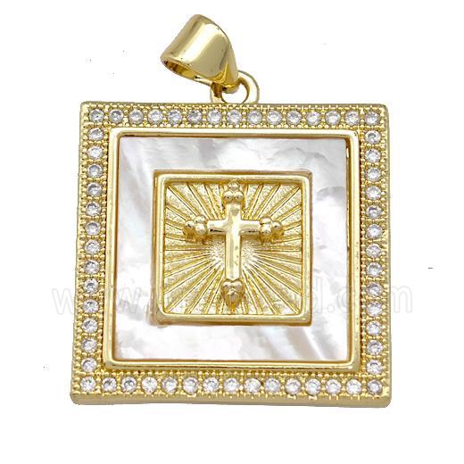 Copper Square Pendant Pave Shell Zirconia Cross 18K Gold Plated