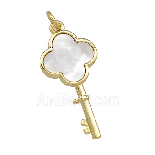 Copper Key Charms Pendant Pave Shell Clover 18K Gold Plated