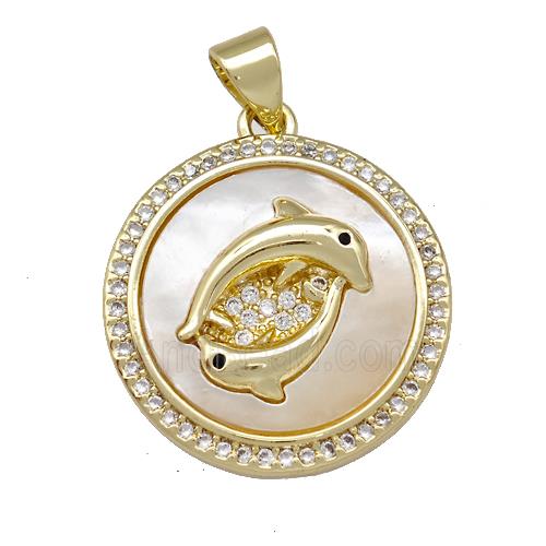 Dolphin Charms Copper Circle Pendant Pave Shell Zirconia 18K Gold Plated