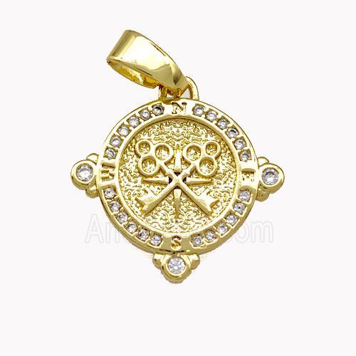 Copper Circle Pendant Pave Zirconia Key Gold Plated