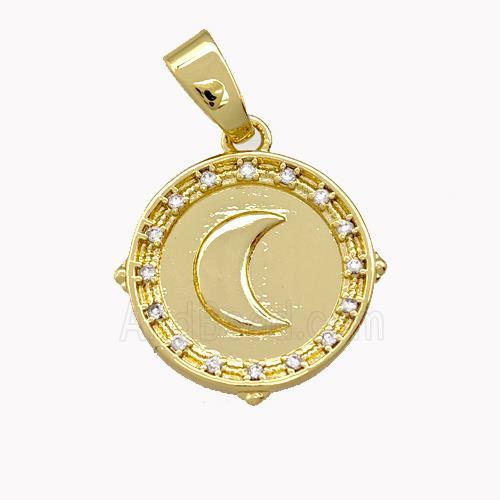 Copper Circle Pendant Pave Zirconia Moon Gold Plated