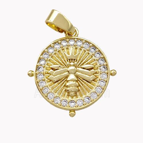 Copper Circle Pendant Pave Zirconia Honeybee Gold Plated