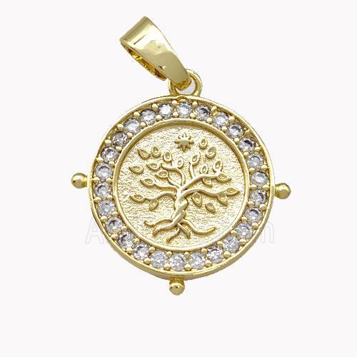 Copper Circle Pendant Pave Zirconia Tree Gold Plated