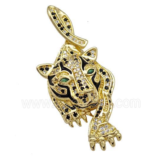 Copper Leopard Pendant Pave Zirconia Black Enamel Gold Plated