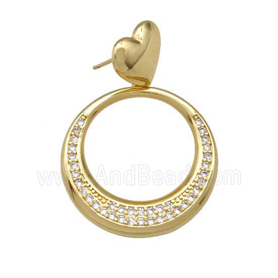 Copper Circle Stud Earrings Pave Zirconia Heart Gold Plated