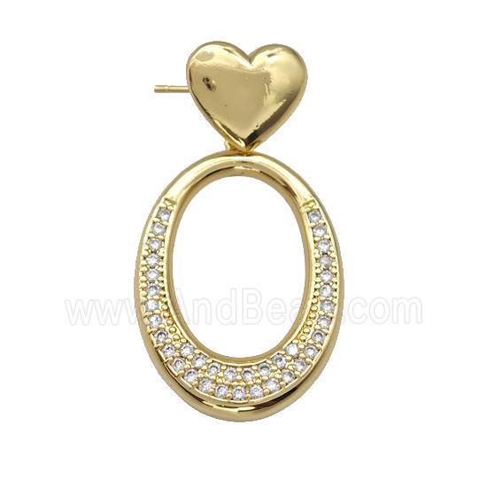 Copper Oval Stud Earrings Pave Zirconia Heart Gold Plated