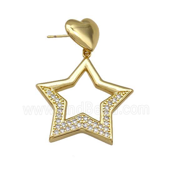 Copper Star Stud Earrings Pave Zirconia Heart Gold Plated