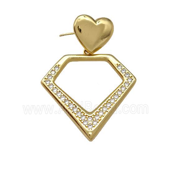 Copper Diamond Stud Earrings Pave Zirconia Heart Gold Plated