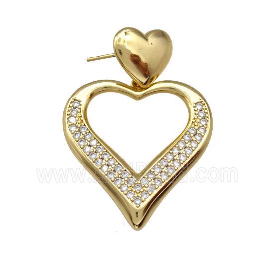 Copper Heart Stud Earrings Pave Zirconia Heart Gold Plated