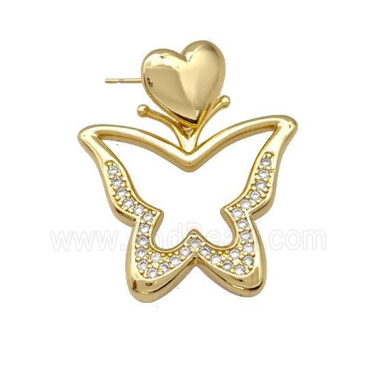 Copper Butterfly Stud Earrings Pave Zirconia Heart Gold Plated