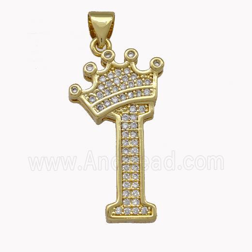 Copper Letter-I Pendant Micro Pave Zirconia Crown Gold Plated